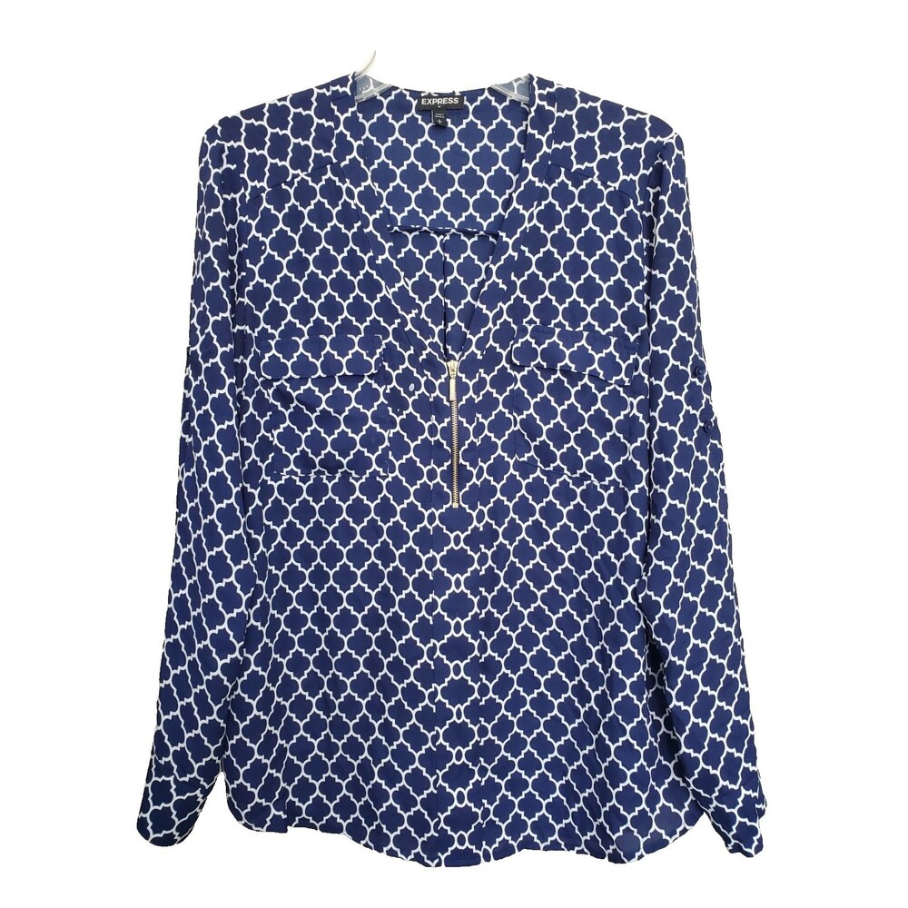 Express Blue Geometric Print Quarter Zip Roll-Tab Sleeve Blouse Size L